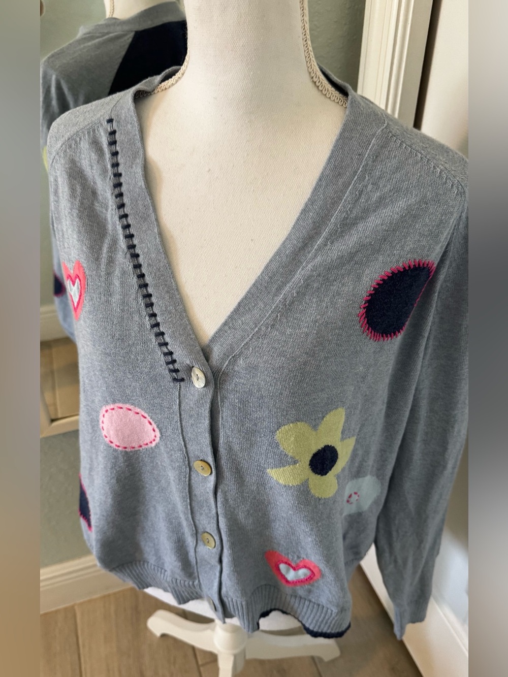 Zaket & Plover XL Blue Cotton Cashmere Appliqué Heart Cardigan